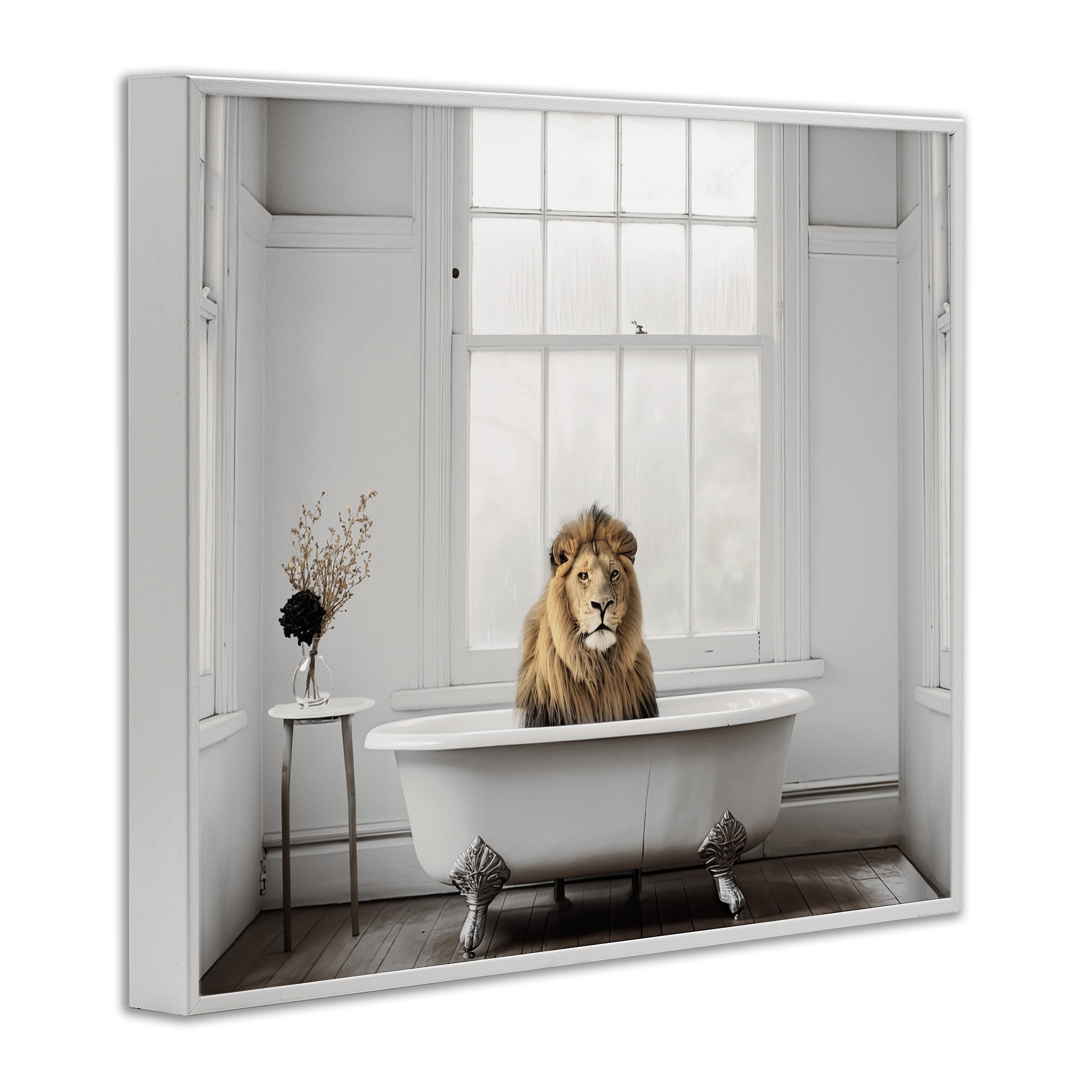 Minimalist Lion Bathtime White Framed Giclee Art, design by Sasha