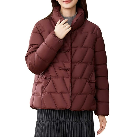 Uootdi Women's Quilted Puffer Jacket Stand Collar Button Front Winter Coat Short Length Warm Outerwear Trendy Chinese Style Down Alternative Parka Wine Women Top