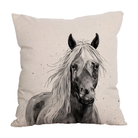 Horse-Print Cotton Linen Cushion Cover for Sofa, Living Room, Office or Model Unit, Decorative Throw Pillowcase with Lumbar Support