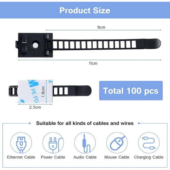 100 PCS Strong Black Cable Zip Tie Mounts with 4 Inch Zip Ties, Sticky Cable Clips Self Adhesive Wire Cable Clips Management Anchors Organizer Holders
