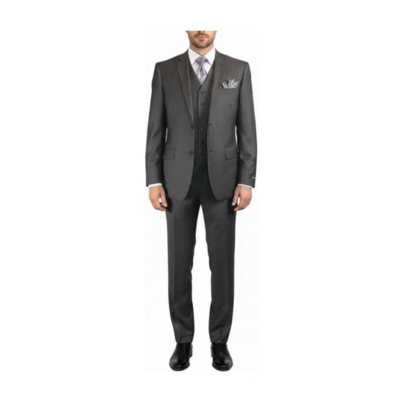 Mens Vitali Three Piece Suit Vested Semi Shiny Sharkskin M3090 Charcoal Gray