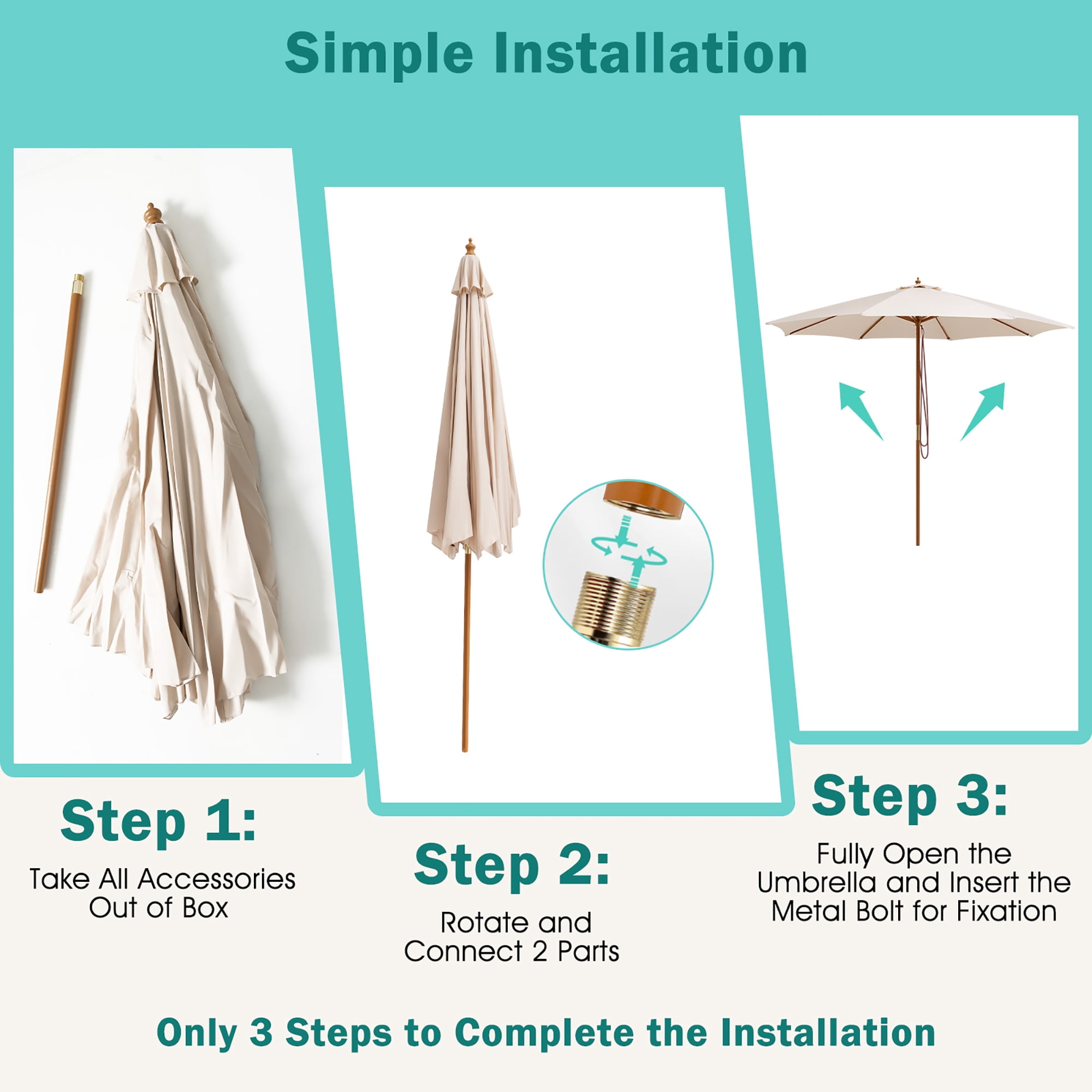Gymax 10FT Patio Umbrella Table Market Umbrella w/ 8 Bamboo Ribs Pulley Lift & Ventilation Hole