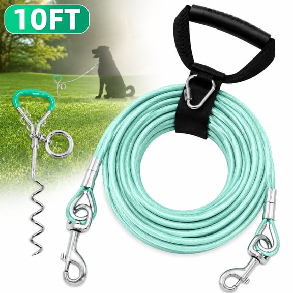 10ft Reflective Dog Tie Out Cable with Ground Stake, No-Tangle Swivel Handle, Weather-Resistant Yard & Camping Lead for Small Medium Large Dogs up to 125 lbs, Green