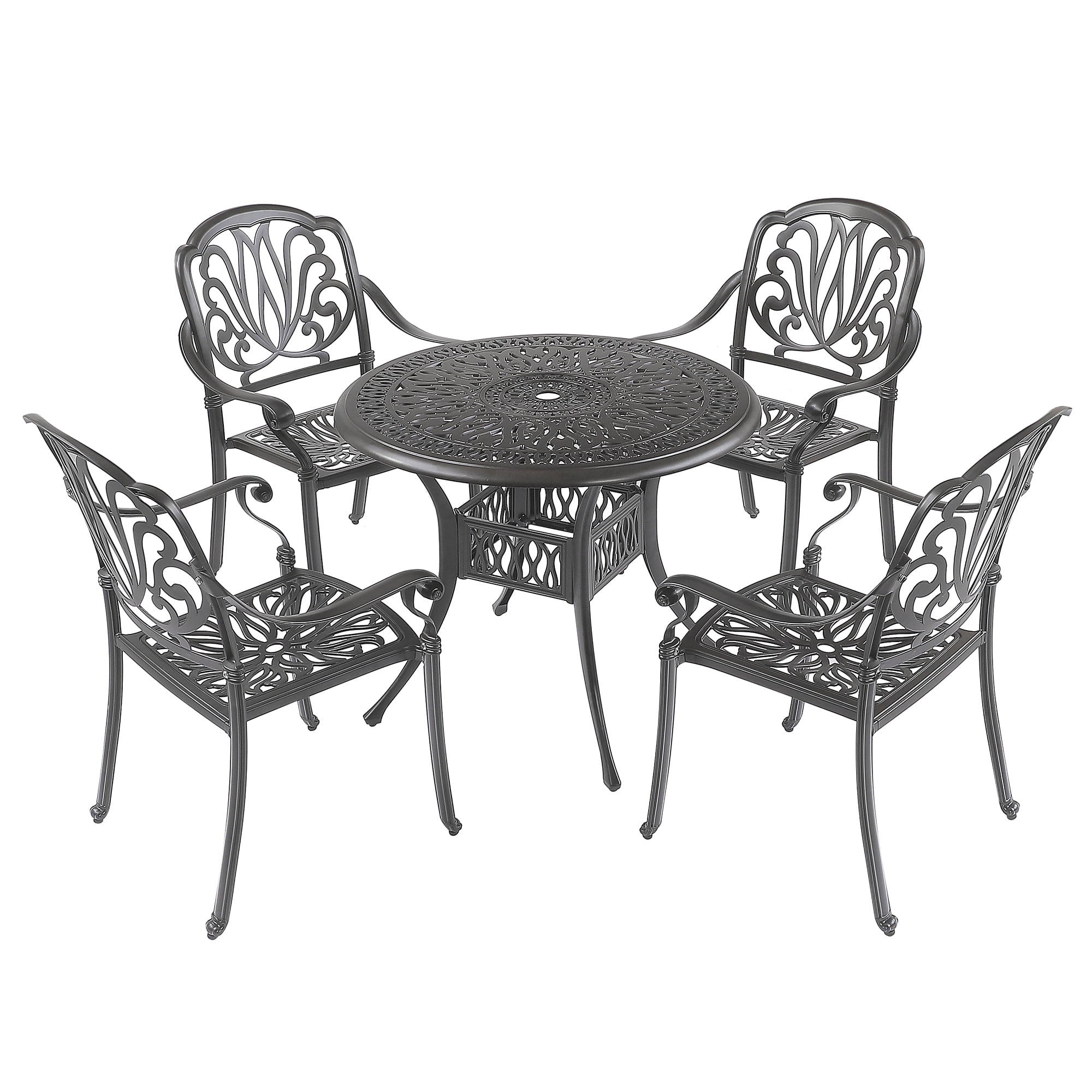 Kadyn 5PCS Outdoor Furniture Dining Table Set, All-Weather Cast Aluminum Patio Furniturev with 1 Round Table, 4 Chairs and Umbrella Hole, Outside Patio Table and Chairs for Patio Garden Deck, Black