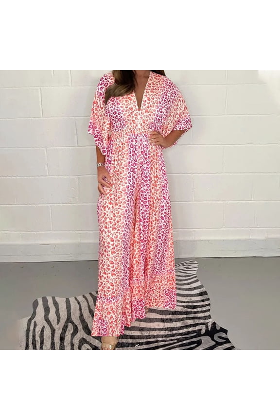 Womens Rompers for Summer Women's Summer Short Sleeved V Neck Leopard Print Long High Waisted Oversized Wide Leg Jumpsuit(Red,S)