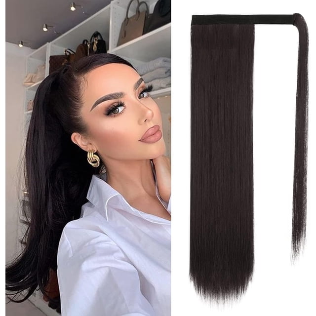 BARSDAR Extension de Queue de Cheval Droite Enveloppante Brun Très Foncé - Queue de Cheval Droite Enveloppante de 20 Pouces de Long pour Femmes, Extensions de Cheveux à Clip pour Queue de Cheval, Postiches Synthétiques à Queue de Cheval Brune pour Tous les Jours