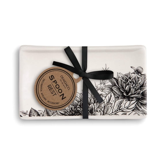 DEMDACO Floral Glossy Black and White 6 x 3.5 Stoneware Ceramic Everyday Kitchen Rectangle Spoon Rest