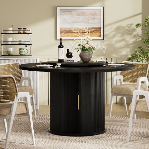 55-Inch Round Black Dining Table for 6 with Rotating Tray & Double-Tier Storage, Wooden Wavy-Striped Sliding Doors, Modern Farmhouse Style