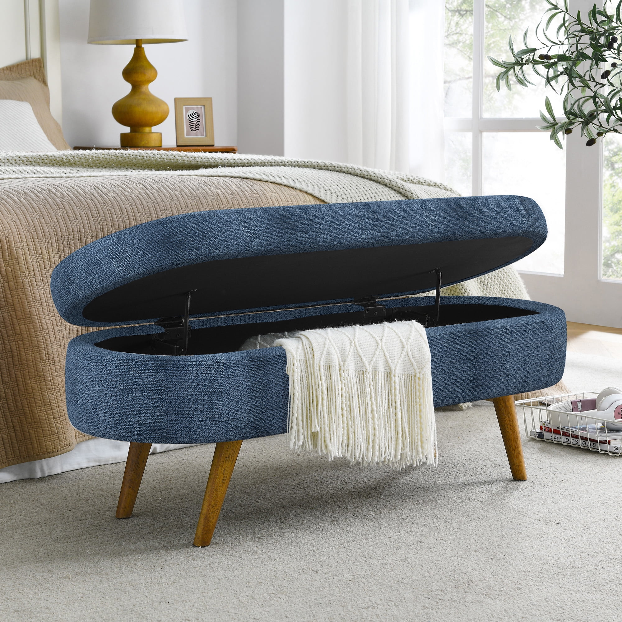 Gewnee Storage Ottoman Solid Rubberwood Legs Footstool Seat, Soft Cushion, with Storage Function, 26lbs, Suitable for Any Room（Dark Blue）