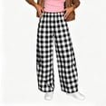thumbnail image 2 of VEKDONE Womens Plaid Wide Leg Palazzo Pants Casual Baggy Barrel Pants Trendy Elastic High Waist Comfy Straight Trousers with Pockets Black M, 2 of 6