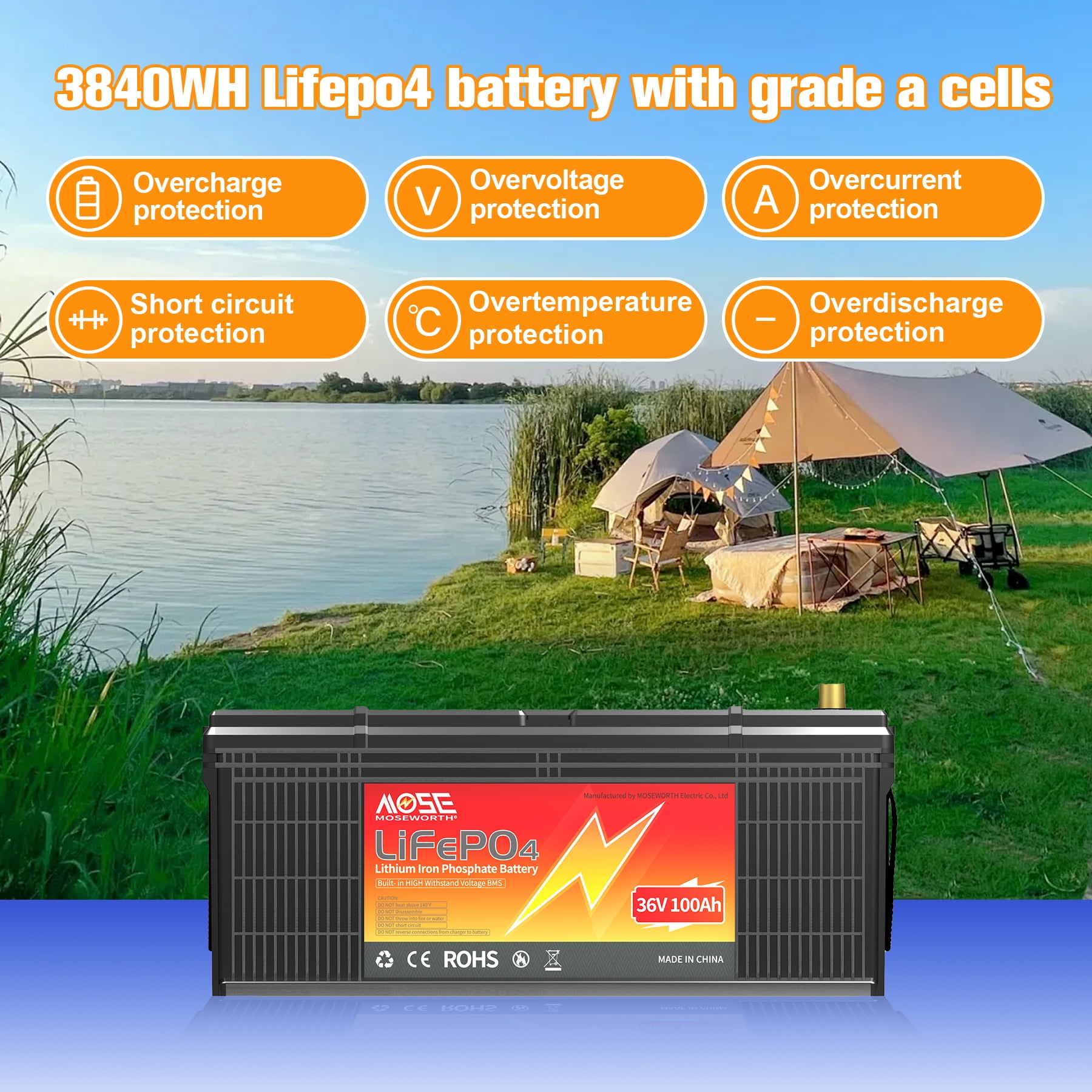 36V 100Ah LiFePO4 Battery,200A BMS,MOSEWORTH for Golf Carts,RV,Marine,Trolling Motor,Solar,Camping,Boat,15000+Deep Cycles Battery with a Charger