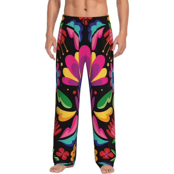 Fotbe Colorful Floral Embroidery Mexican Pantalones de Pijama para Hombre, Pantalones de Dormir, Pantalones de Casa con Cintura Ajustable y Bolsillos-XX-Large