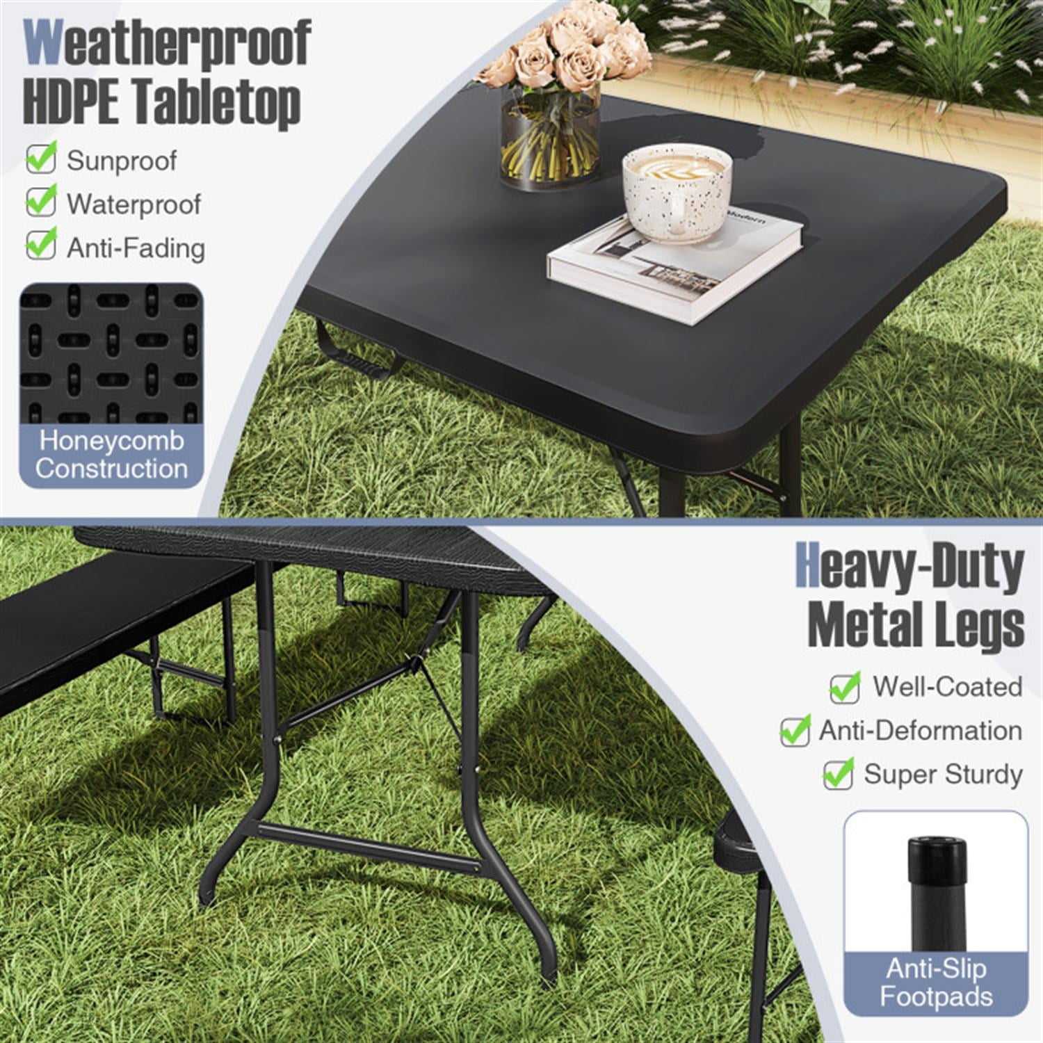 Demi Bonn 8 ft Portable Folding Table 350S Fold-in-Half Table with HDPE Tabletop fordoor Outdoor, Plastic Dining Picnic Party Camping Table, Black