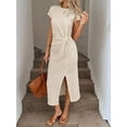 thumbnail image 3 of Beige Textured Waist Twist Short Sleeve Midi Dress With High Slit For Women, 3 of 6