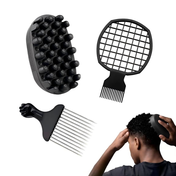 3 Pack Silicone Curling Hair Brush & Metal Afro Pick Hair Comb Set Durable Washable Curl Sponge for Black Men, Natural Hair, Dreadlocks, Coils & 4C Afro HairStyling Tool