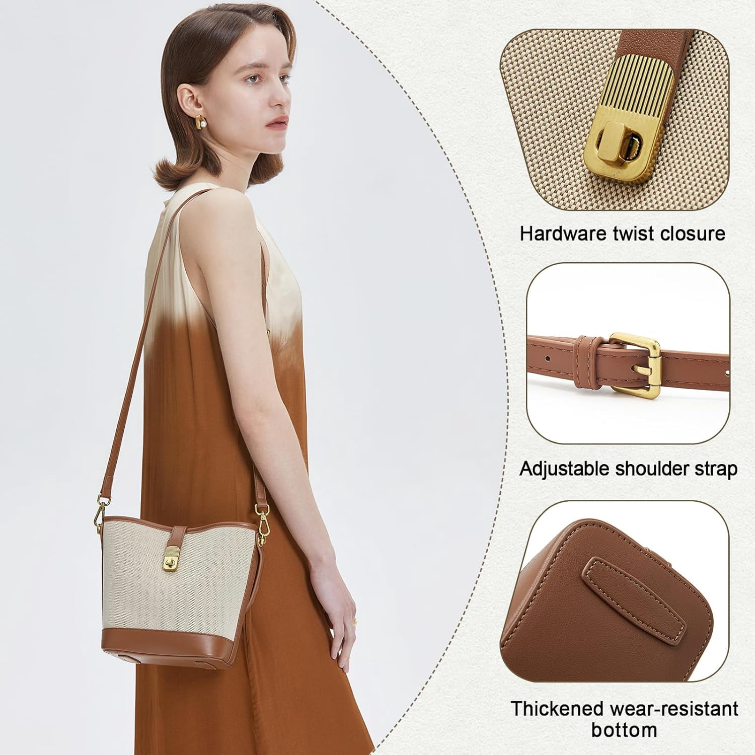 Kwuty Coated Canvas Bucket Crossbody Bags for Women Top-Handle Handbags Small Satchel Purse Trendy Twist Lock