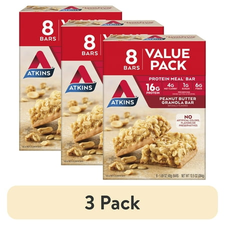 (3 pack) Atkins Peanut Butter Granola Protein Meal Bar, 16g of Protein, Meal Replacement, 8 Count (Value Pack)