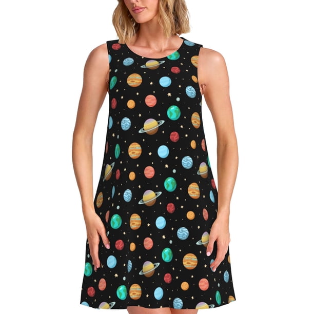 Fotbe Solar System Planets Space Vestido de Verano sin Mangas para Mujer – Vestido Midi Línea A, Estilo Camiseta Floral, Vestido Playero Casual y Fluido