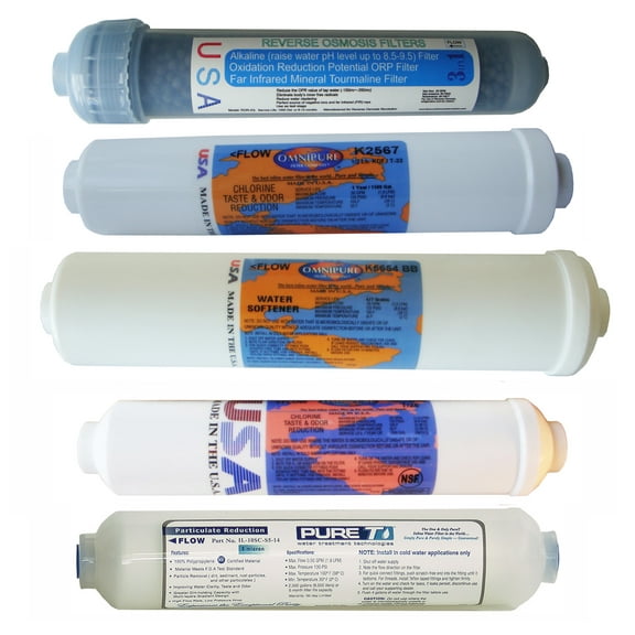 5 Filter Set for 6-stage Heavy Duty Countertop RO Systems, including 5M Sediment, T28 GAC, Water Softener, KDF-55/T33 bed and Alakline 3-in-1 filters