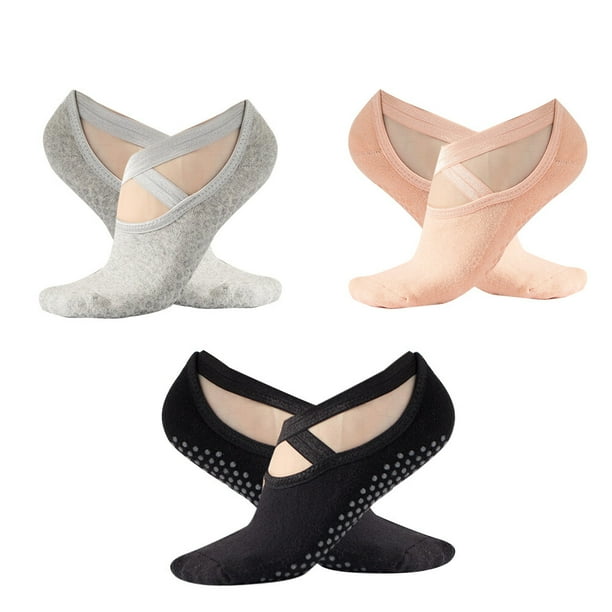 3 pares de calcetines de yoga para mujer con suela antideslizante, ideales para yoga, pilates, ballet y danza (negro, gris claro, piel clara).