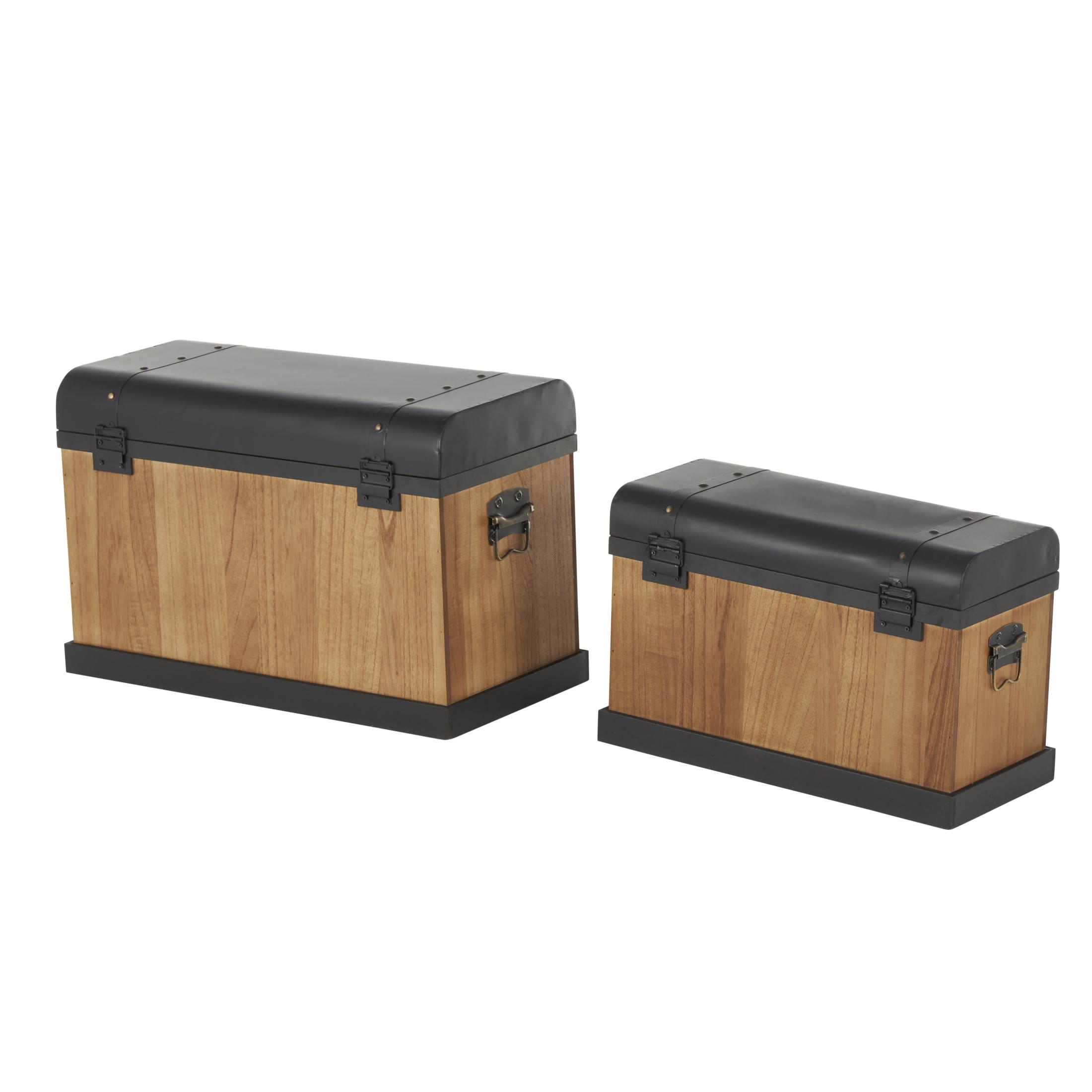 DecMode 24" x 16" Brown Wooden Storage Trunk with Black Metal Tops and Gold Studs, 2-Pieces