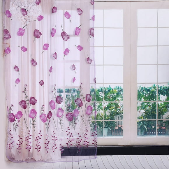 Cortinas de tul con estampado de tulipanes, 100 x 200 cm, transparentes, para balcón, ventana, decoración, color morado