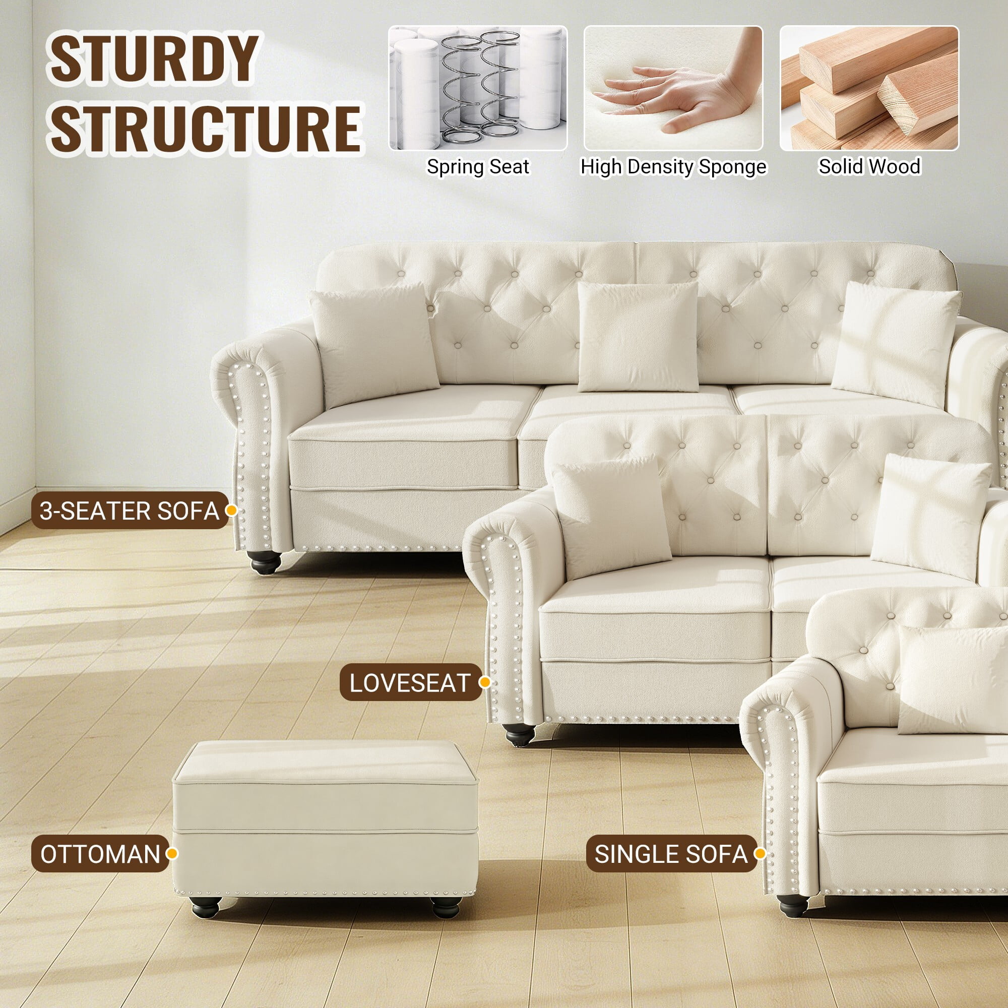AENKYO 41.3" Chesterfield Velvet Accent Chair, Tufted Single Sofa with Nailhead Trim and Rolled Arms, Beige