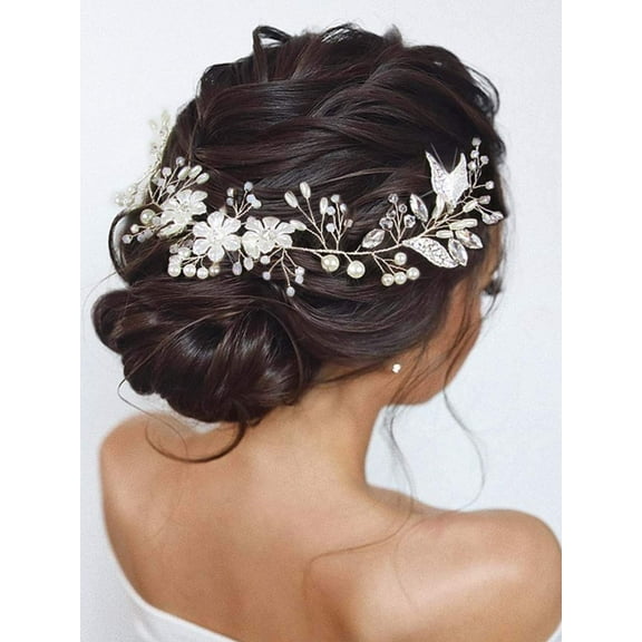 Bride Flower Wedding Hair Vine Leaf Silver Bridal Hair Piece Pearls Hair Accessories for Women and Girls