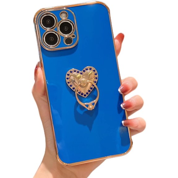 Sleek Light Thin Soft TPU Phone Case for iPhone 14 13 12 11 Plus Pro Max Mini Fashion Love Heart Shaped Finger Ring Holder Shockproof Bumper Protector Cover(Blue,11)