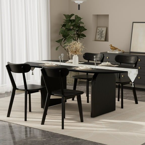 KATBOC Modern Dining Table Set, 70in Kitchen Table with Solid Oak Chairs, MDF Top & Corrugated Metal Legs, for Family Dining, Parties, Small Spaces, Black