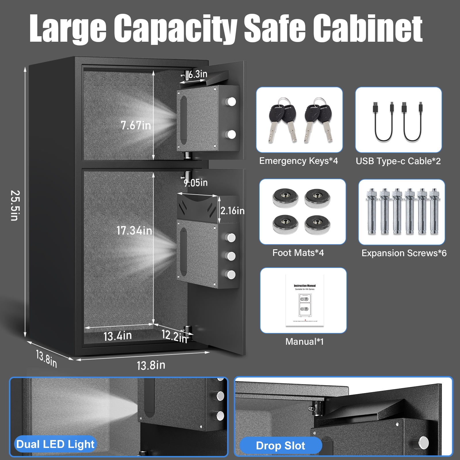 Riflewell Large Fingerprint Safe Box, Household Low-Carbon Steel Safe, Digital Keypad Home Safe With Deposit Slot, Personal File Safe, Dual Alarm And Silent Mode, Height 25.6"