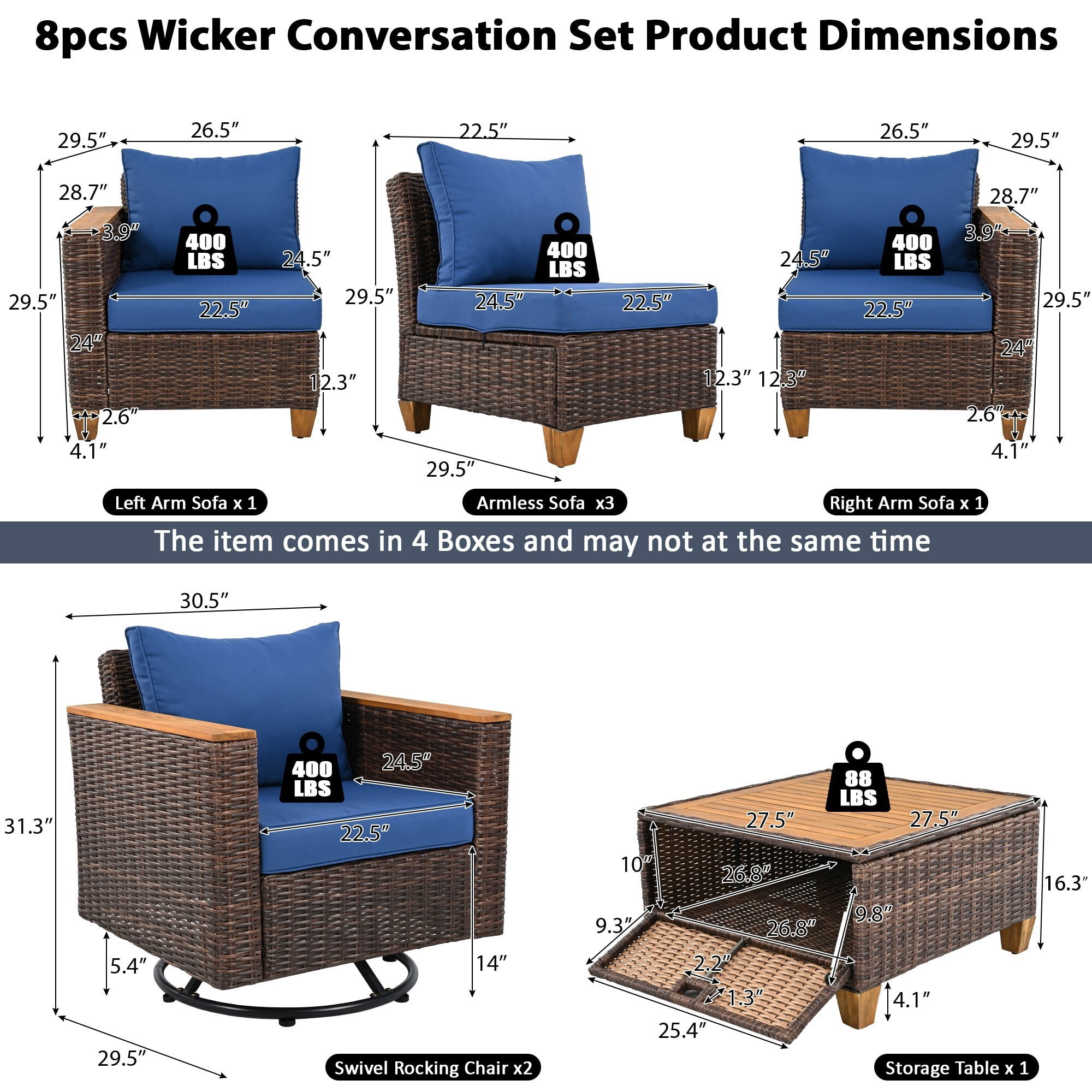 AENKYO 8-Piece Wicker Patio Furniture Set, Sectional Sofa w/ 360° Swivel Rocker Chairs & Acacia Storage Table, Blue