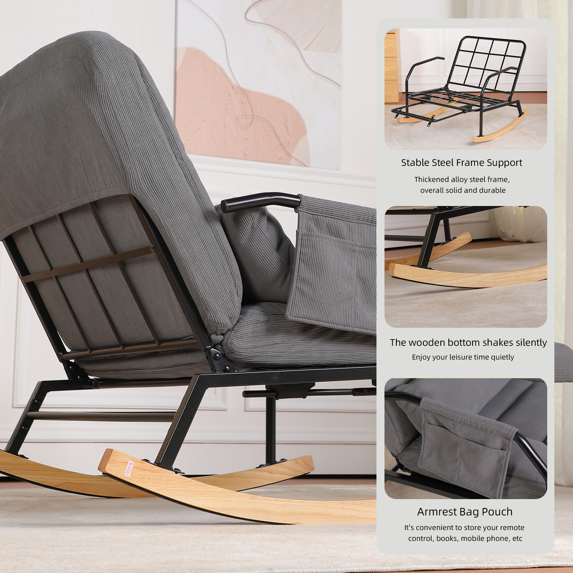 Hforesty Oversized Rocking Chair with Footrest ,Rocker Glider with Metal Farm,Wooden Bottom and Adjustable Backrest for Indoor Use: Balcony, Living Room or Bedroom.(corduroy)GREY