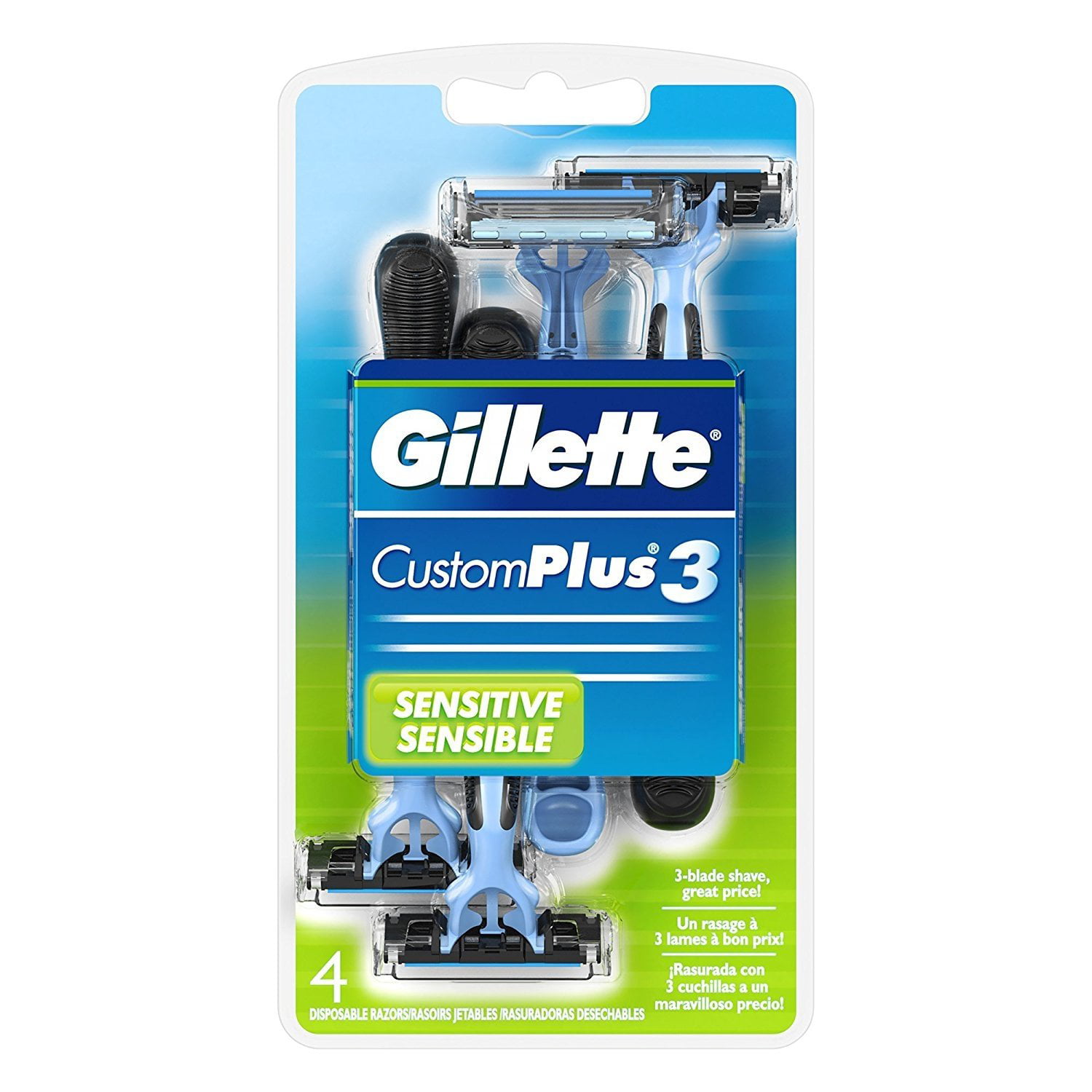 Gillette CustomPlus 3 Disposable Razor, Sensitive, 4 Count