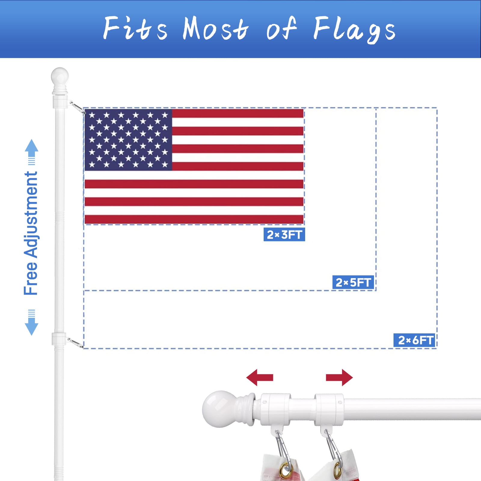 FIASON 1 Pack 5 FT White Stainless Steel Tangle Free Wall-Mounted Flag Pole with Upgraded Bracket, Flag Pole Kit for Outside House, Residential or Commercial for American Flag (Without Flag)