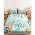 thumbnail image 2 of Twin XL Size Fitted Sheet Set - Ocean Starfish Seaweed 2 Piece Bedding Sets 16" Deep Pocket Fitted Sheet with 1 Pillowcases, Summer Coastal Beach Shell Coral Teal Brushed Microfiber Hotel Bed Sheets, 2 of 9