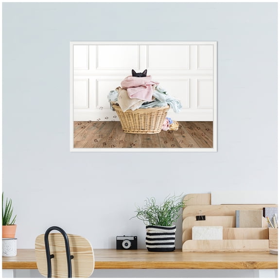 Kate and Laurel Cat in a Basket Traditional Laundry Framed Canvas Wall Art by Amy Peterson 24 x 18 Sylvie White, Whimsical, Animals, Laundry Art for Wall Decor, Living Room, Bedroom