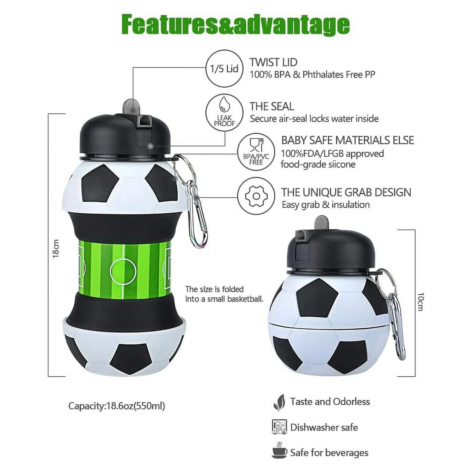 CMrtew Kids 34 OZ Sports Silicone BPA-Free Water Bottle, Collapsible Football Shape Foldable and Leak Proof Water Bottle for School Kids,Travel,Hiking,Riding and for Movements