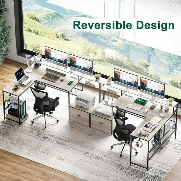 L Shaped Desk with Drawers, 66" Home Office Desk with Power Outlet and Led Strip, Reversible Computer Desk with Storage Shelves & Monitor Stand, Large Corner Desk Gaming Desk, Black