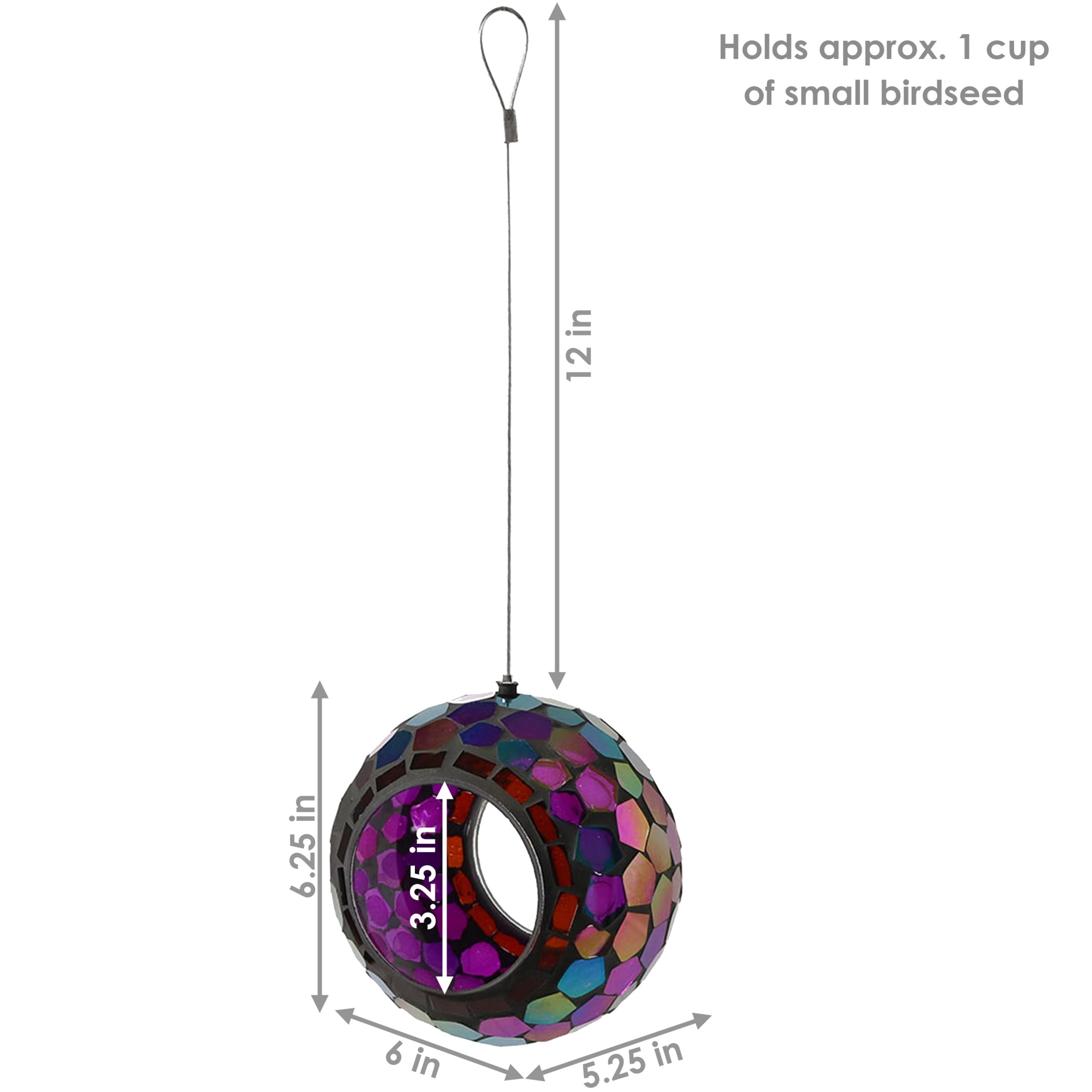 Sunnydaze Mosaic Glass Fly-Through Hanging Bird Feeder, 1-Cup Capacity, Purple