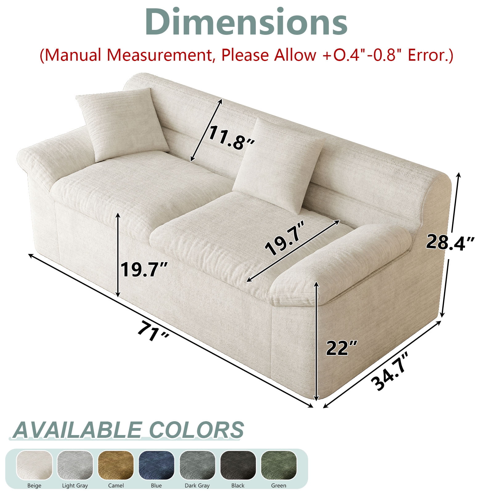 Leumius 71" Boneless Sofa,3 Setaser Couch with Deep Seat,Comfy Loveseat Sofa,for Living room, Bedroom,Conference room ,Apartment,No Assembly,Cream White