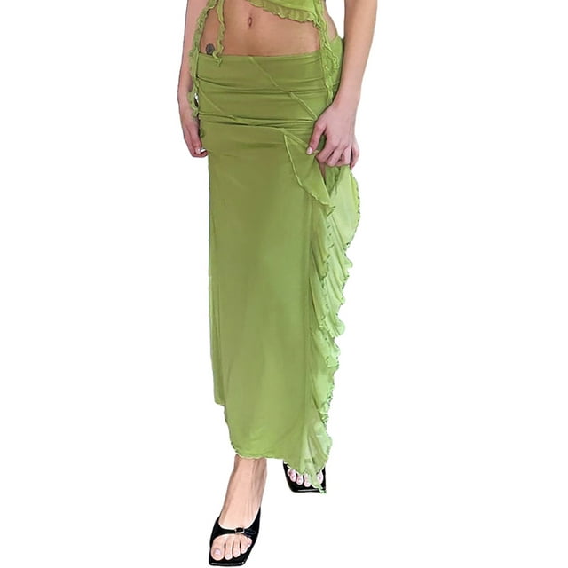 Lucakuins - Faldas midi de verano para mujer, estilo bohemio, cintura baja, dobladillo alto y bajo, faldas largas con volantes Lucakuins moda