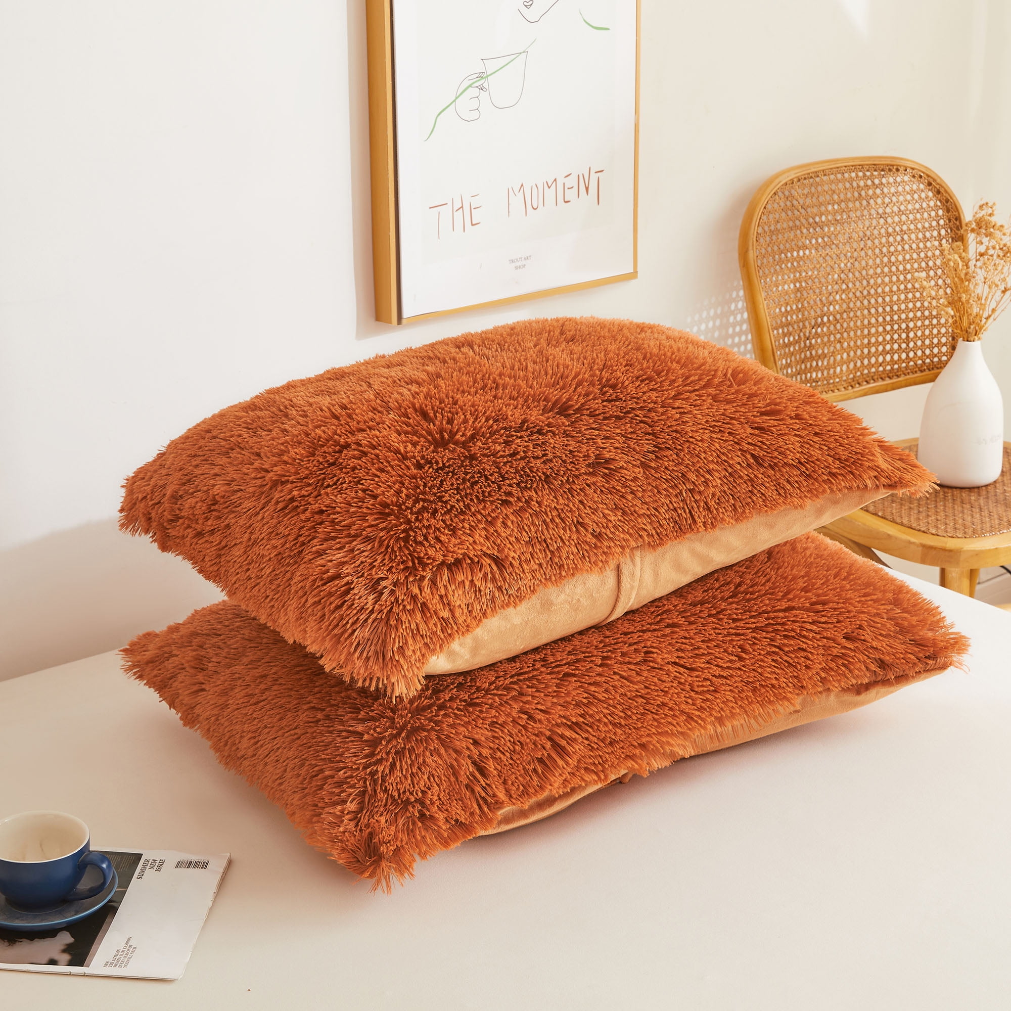 XeGe 2 Piece Fluffy Faux Fur Duvet Cover Set Twin, Luxury Ultra Soft Velvet Shaggy Plush Bedding Set, Fuzzy Comforter Cover with 1 Furry Pillowcase, Zipper Closure, Twin Size, Burnt Orange