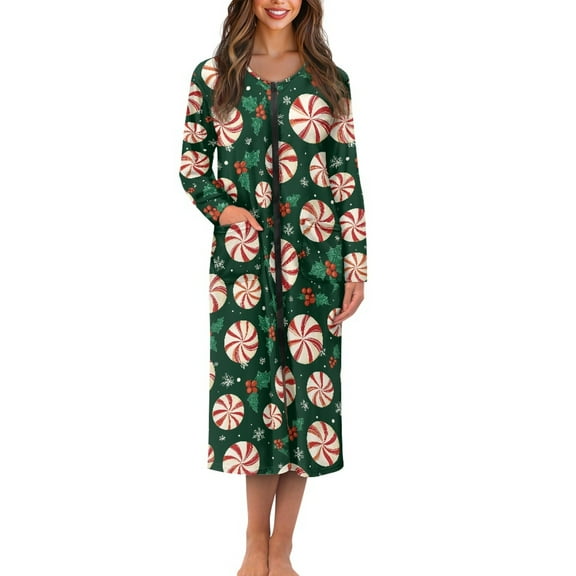 FOR U DESIGNS Candy Cane Holly Green Print House Dresses for Women Comfortable Long Sleeve Night Shirts Soft Duster Lounger Robe with Pockets,Sleep Dress Christmas Decor with Zipper, 3XL