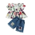 thumbnail image 1 of ITFABS Ensemble T-Shirt à Manches Volantées à Imprimé Floral pour Filles + Short en Denim, 1 of 7