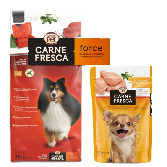 GrandPet Carne Fresca Forece 20 Kg + Caja Carne Fresca Pavo y Pollo Sobre 100 g (10 Pzas)