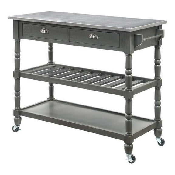 Pemberly Row French Stainless Steel Top Kitchen Cart- Gray Wood