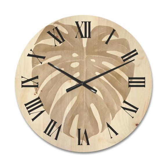 Designart 'Beige Ivory Pastel Monstera Heart Shaped Tropical Leaf' Traditional Wood Wall Clock