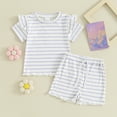 thumbnail image 5 of Douhoow Toddler Girl Summer Stripe Clothes Baby Ruffle Ribbed Short Sleeve T-Shirts + Elastic Waist Shorts, 5 of 9