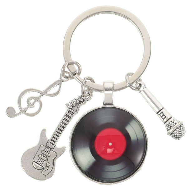 GOOHOCHY Llavero musical: mini llavero de guitarra y micrófono con colgante de disco de vinilo con nota musical. Bonito accesorio de inspiración retro para mochilas y bolsos.
